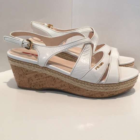 Prada Shoes - PRADA white leather cork wedge Rope detail size 8
